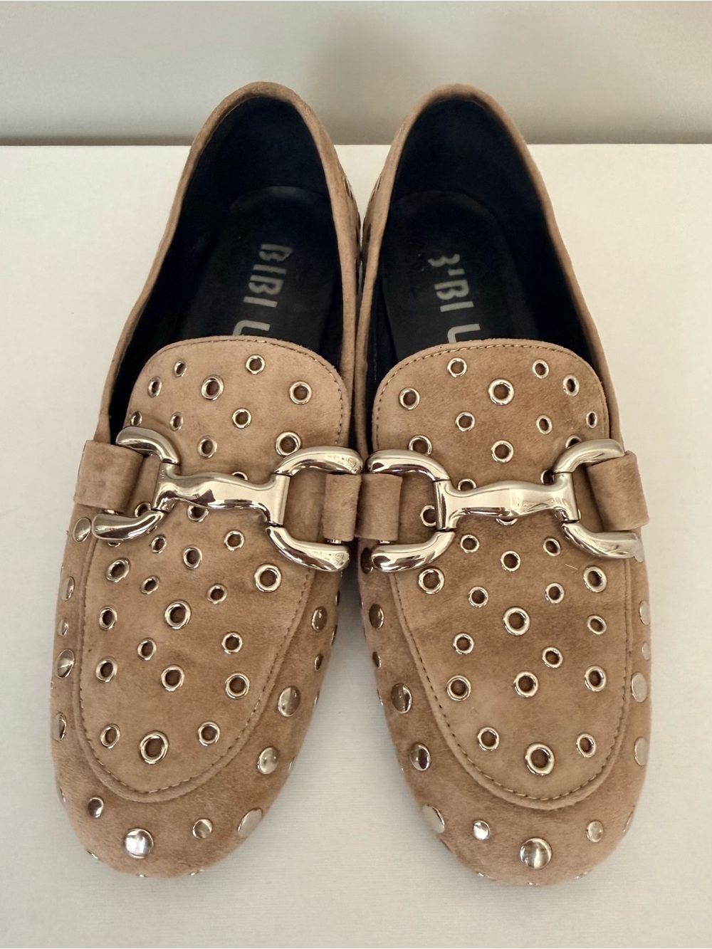 Bibi Lou Zagreb Taupe Suede Grommet Loafers with Silver Horsebit